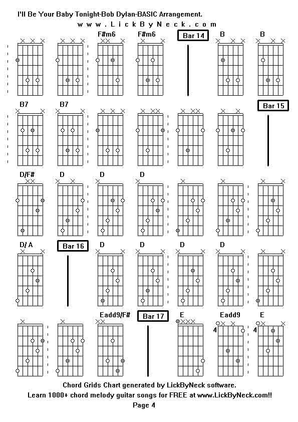 Chord Grids Chart of chord melody fingerstyle guitar song-I'll Be Your Baby Tonight-Bob Dylan-BASIC Arrangement,generated by LickByNeck software.